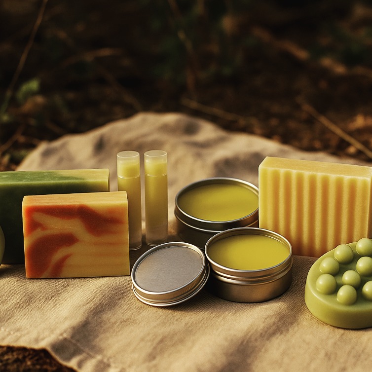 Sprig and Stitch collection artwork showing soap bars, balms and lip care on linen